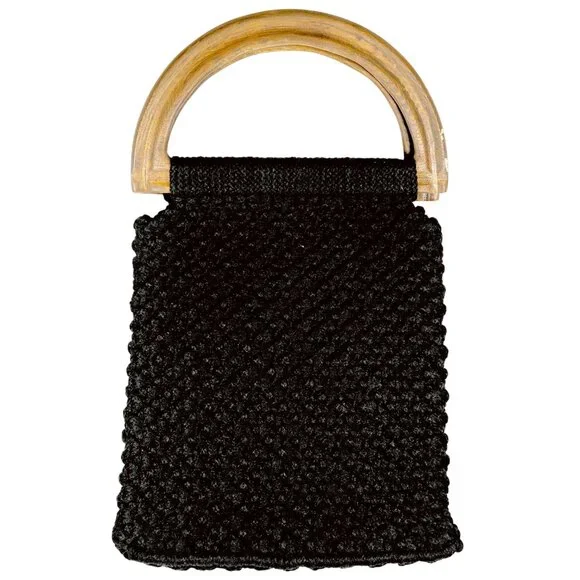 Vintage 1970s Black Macrame Purse with Wooden Handles & Floral Lining - Picture 3 of 6